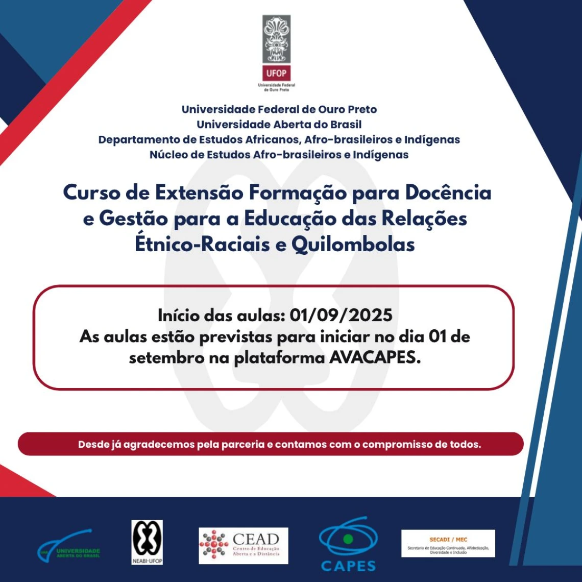 Banner inicio das aulas Curso de Extensao - Etnico-Raciais e Quilombolas